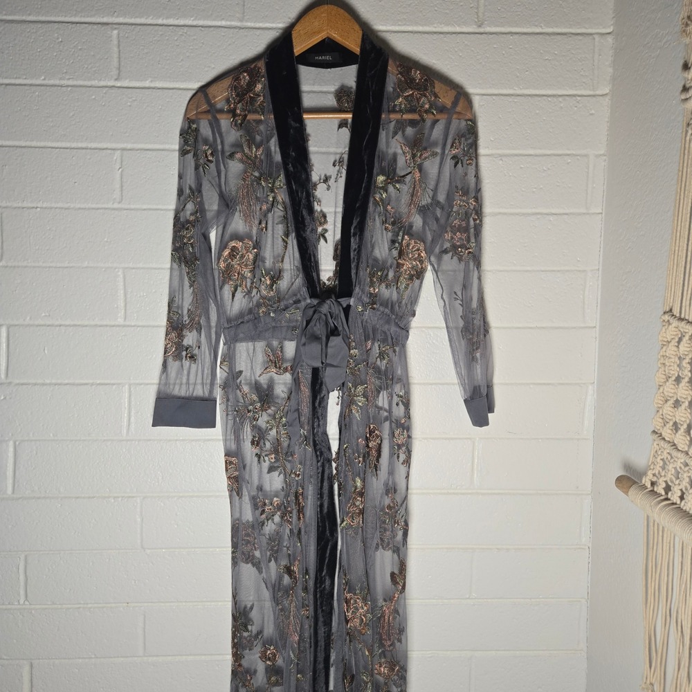 Mariel Embroidered Mesh Maxi Medium Velvet Trim Novelty Kimono Boho Whimsigoth